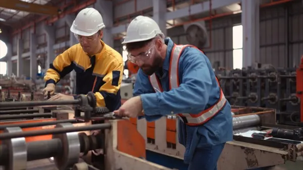 Fotografía de dos hombres realizando mantenimiento industrial a maquinaria